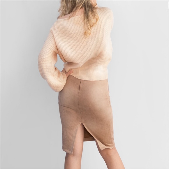 Womens Suede Pencil Midi Skirt in Beige - Picture 7 of 8